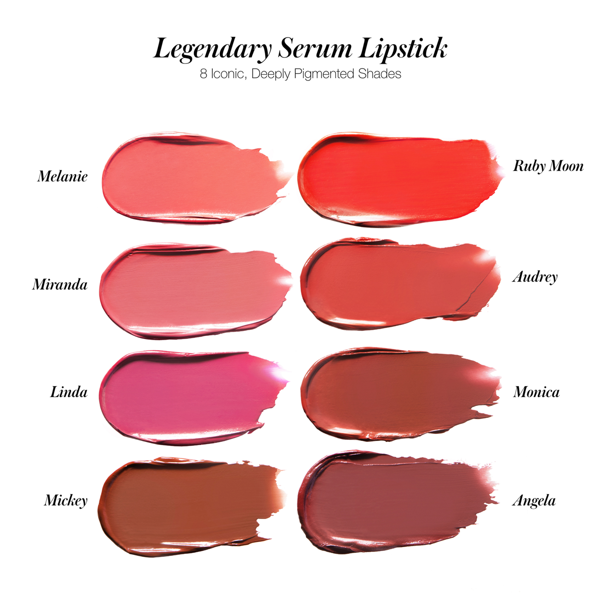 Odstíny rtěnky RMS Beauty Legendary Serum: Melanie, Miranda, Linda, Mickey, Ruby Moon, Audrey, Monica, Angela